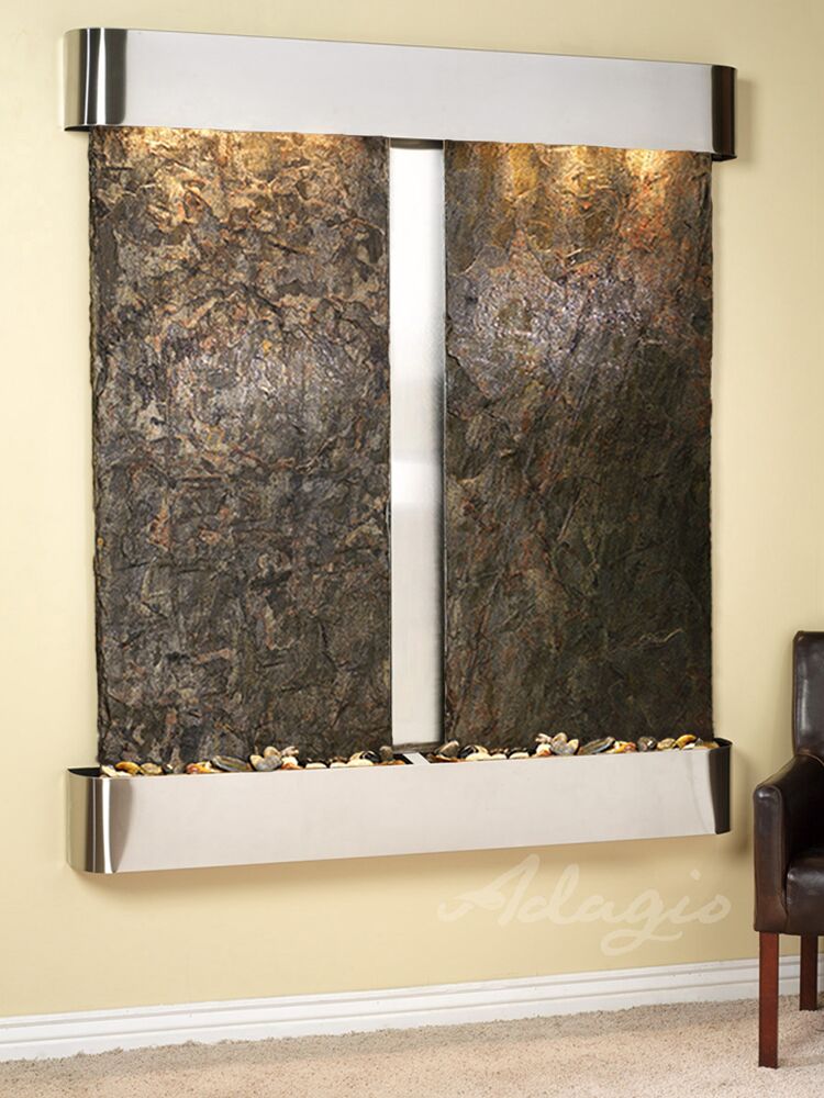 Cottonwood Falls Round Stainless Steel Green Natural Slate Wall Water ...